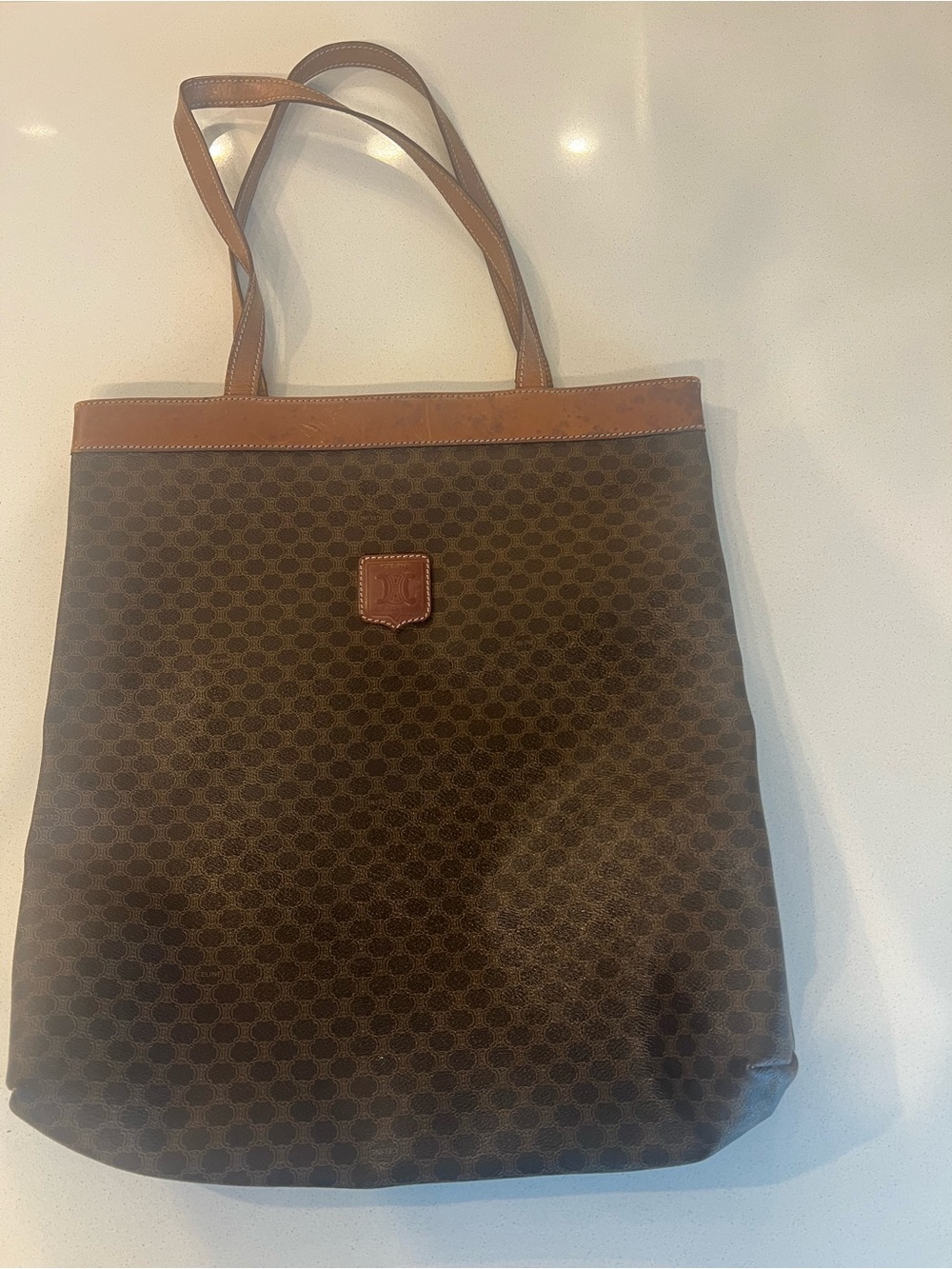 Celine Dark Brown Monogram Canvas Tote with Tan Leather Trim - Picture 4 of 13